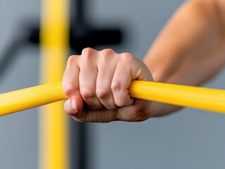 A close-up of a hand gripping a yellow exercise bar, illustrating strength and focus in a fitness or training context.