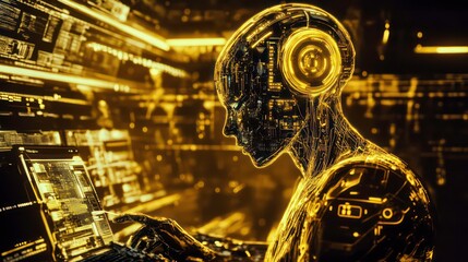Wall Mural - a golden robot with glowing circuits works on a laptop in a futuristic room filled with digital code