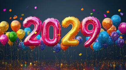 Wall Mural - Bright balloons and confetti fill the air, creating a joyful atmosphere for welcoming the New Year 2029