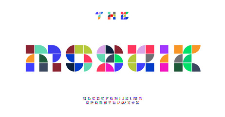 Poster - Mosaik modular alphabet, geometric colorful blocks letters, artistic font for creative logo, dynamic headline design, playful modern typography. Vector typeset.