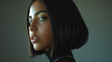 Sticker - A woman with a sleek, glossy straight haircut, styled in a sharp, polished long bob.