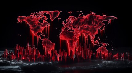 Abstract digital map depicting countries obstructed by red trade barriers, illustrating the global impact of tariffs and protectionism, representing economic division and globalization