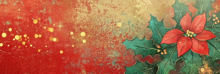 Poster - red and green hues, adorned with a poinsettia flower and festive decorations, creating a welcoming atmosphere for holiday festivities