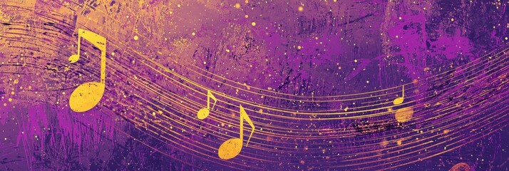 Aufkleber - A burst of lively yellow musical notes flows gracefully over a rich purple backdrop, enhanced by playful splashes of gold, evoking a sense of rhythm and creativity