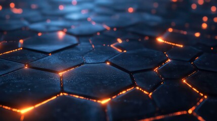 Wall Mural - abstract hexagonal pattern with glowing orange lights.