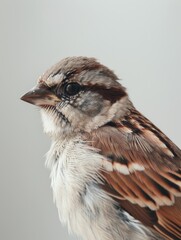 Side profile of a house sparrow perched gracefully, detailed plumage visible against a muted backdrop.