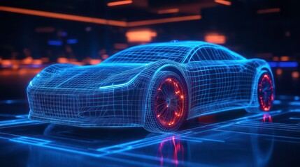 Wall Mural - a wireframe model of a futuristic sports car in a digital environment.