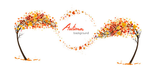 Poster - Autumn abstract background with two trees and flying colorful leaves. Vector.