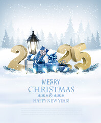 Fototapete - Merry Christmas Background with 2025 and gift boxes and garland.Vector