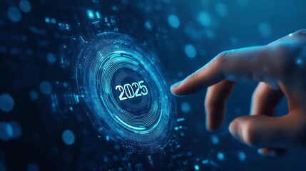 Wall Mural - a hand reaches out to touch a futuristic button with the number 2025 on it. the button is surrounded