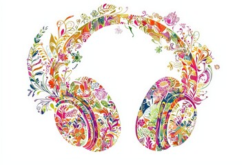 Fototapete - A captivating design shows headphones intricately embellished with colorful flowers, leaves, and butterflies, celebrating art and music together
