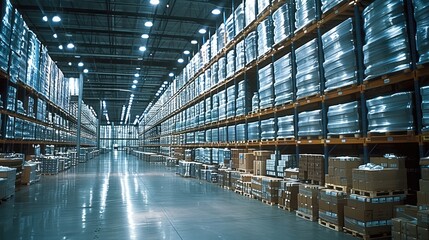 Aufkleber - A large, industrial warehouse with tall metal shelves organized in rows. shelves are filled with wooden pallets stacked with boxes and containers, many wrapped in plastic film. storage and logistic.