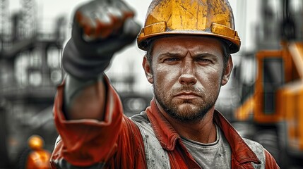 Aufkleber - A construction worker, serious face making power full fist, intense look, proud faces, no smiling, workers in the background, construction site.