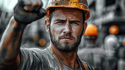 Aufkleber - A construction worker, serious face making power full fist, intense look, proud faces, no smiling, workers in the background, construction site.