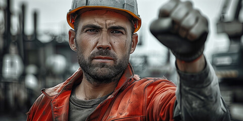 Aufkleber - A construction worker, serious face making power full fist, intense look, proud faces, no smiling, workers in the background, construction site.