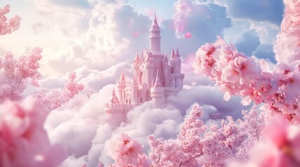 Wall Mural - a magical castle in the clouds, surrounded by pink cherry blossoms.
