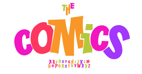 Aufkleber - Playful comic alphabet, vibrant exaggerated letters, colorful cartoon style font for childish branding, lively headline, energetic kid logo, entertainment typography. Vector typeset