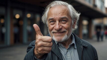 A handsome old man europan showing a thumbs - up sign.