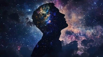 Wall Mural - a silhouette of a man's head against a starry night sky, with the milky way galaxy visible through h