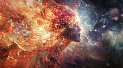 Wall Mural - a woman's face is engulfed in flames with nebulae behind her in a cosmic scene.