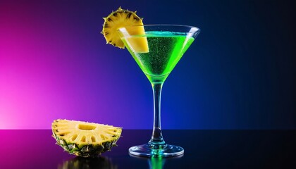 Wall Mural - Closeup of a green martini cocktail with pineapple garnish on a blue and purple background