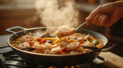 A person is cooking a dish with shrimp and vegetables in a pan on a stove