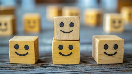 Incorporate unique wooden blocks with happy and sad face symbols to illustrate customer reviews Lets unleash creativity!