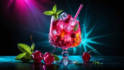 Wall Mural - Red Cherry Cocktail with Mint, Ice, and Blue and Purple Lights