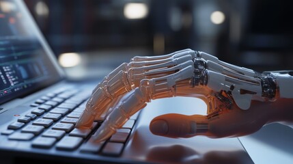 Poster - A sleek, robotic hand interacts with a laptop keyboard in a modern setting, illuminated by soft light while surrounded by advanced technology. The atmosphere suggests a late-night work session.