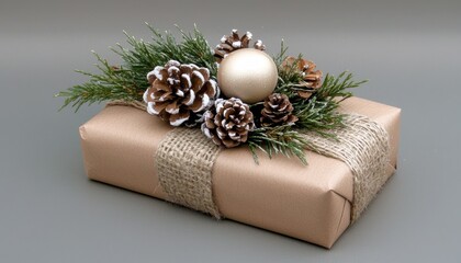 A holiday present adorned with natural decor such as pine cones and evergreen branches.