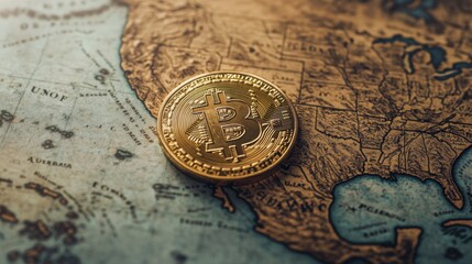 Wall Mural - Bitcoin coin placed on the U.S. section of a political map of North America, representing the intersection of cryptocurrency and economy