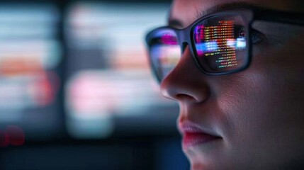 Exploring the Intricacies of Technology A Close-Up on Coding Reflected in Glasses Amidst a Digital Workspace Environment
