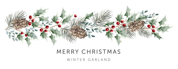 Wall Mural - christmas garland, text, white background. green holly, pine twigs, cedar cones, red berries. winter