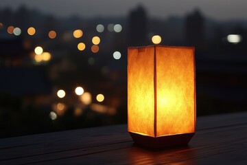 Wall Mural - Paper lantern casting warm light on wooden table at night