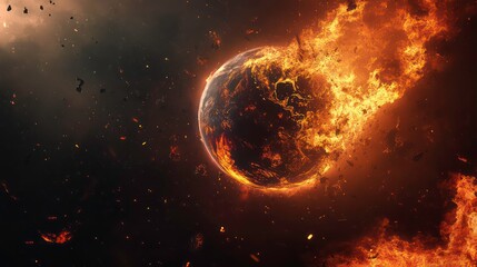 Wall Mural - a burning planet in space, surrounded by debris and fire, a fiery apocalypse.