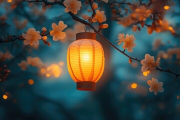 Wall Mural - Japanese paper lantern hanging from flowering tree branch at twilight