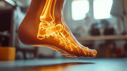 Leinwandbilder - A detailed anatomical illustration depicts the bones and joints of a foot illuminated in a laboratory environment