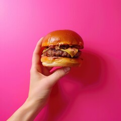 Hand Gripping a Juicy Burger on Solid Background