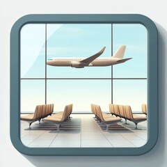 Airport interior featuring empty seating area and an airplane outside the window under a clear blue sky. 3d model mobile application icons