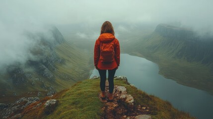 Female hiker contemplating misty mountain lake from summit