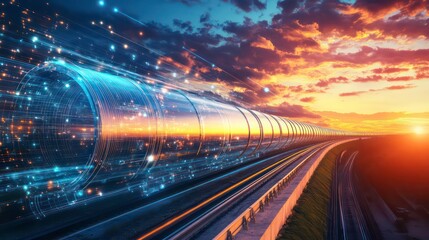 Wall Mural - futuristic high-speed train with glowing digital data streaks moving through a sunset sky.