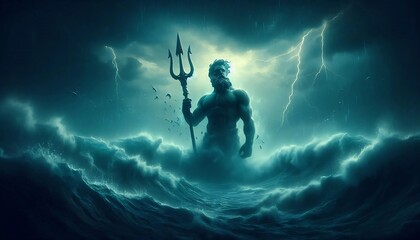 Majestic depiction of Poseidon, the Greek god of the sea, rising from stormy waves. Holding his iconic trident under dark skies, surrounded by crashing waters, lightning, and turbulent seas.