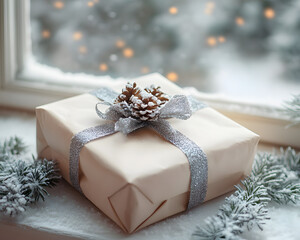 Wall Mural - Beautifully Wrapped Christmas Gift on Snowy Window Sill