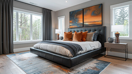 Wall Mural - A modern transitional bedroom showcasing a sleek low-slung bed with black leather headboard, accented by vibrant decorative pillows in soft blues and earth tones. 