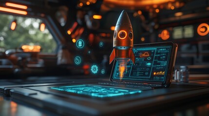 Futuristic Laptop with Rocket Launch Startup Concept