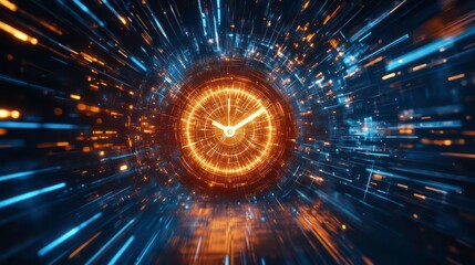Wall Mural - a glowing clock face inside a tunnel of light streaks, representing the flow of time.