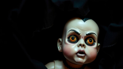 Vintage bisque doll with dramatic lighting against black fabric background