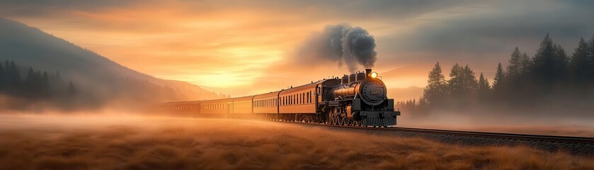 Vintage steam train traveling through misty landscape at sunset.