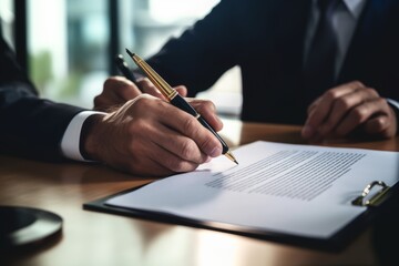 Businessperson Signing Contract about insurance, Two men writing with pen sign of modest agreements form In modern office, morning light, vintage color, success of business partners concept