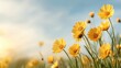 ©  Shomixer - A bunch of vibrant yellow flowers stand tall in a meadow under a soft blue sky, capturing the essence of natural beauty and serenity on a sunny day.